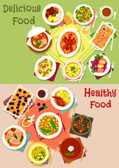Dinner dishes top view icon set for food design