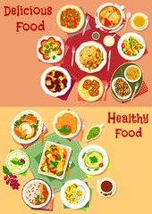 Lunch with fruit dessert icon set for menu design