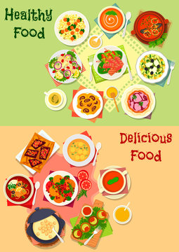 Dinner dishes with healthy dessert icon set