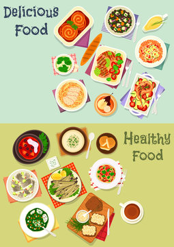 Tasty dinner icon set with fish, meat and pasta