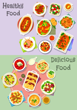 Hearty dishes icon set with fish, meat and veggies