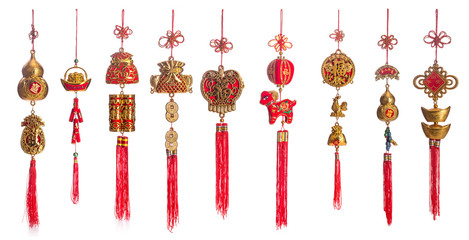 Fototapeta na wymiar Set of gold and red Chinese new year decoration isolated on whit