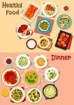 Healthy dinner dishes icon set for food design