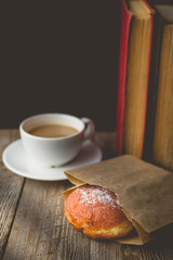Life chill with Hot Coffee and Donut on wood Background used for