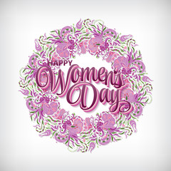 Women's day design card template, lilac texture, abstract flowers wreath, hand drawn lettering 