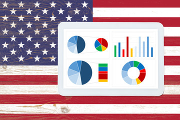 colorful dashboard over united states flag painted table