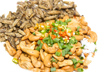 Mixed dried nuts and fried insects and salt and chilli is thai o