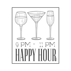 Bar Happy Hour Promotion Sign Design Template Hand Drawn Hipster Sketch With Glasses In Square Frame