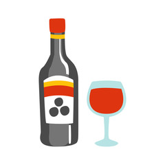 Bottle Of Red Wine And A Glass Of Alcohol Drink Primitive Cartoon Icon, Part Of Pizza Cafe Series Of Clipart Illustrations