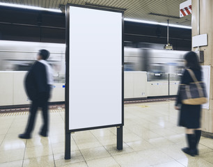 Blank Billboard Banner in Subway station with blurred people Commuter Travel concept