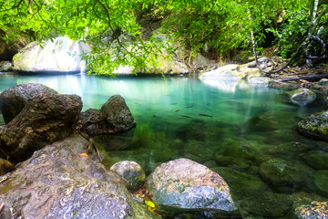 Erawan Waterfall with stone