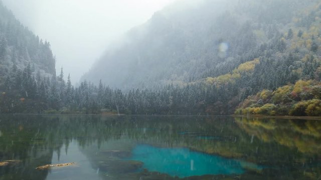 The beautiful Juizhaigou Valley (Valley of nine villages) National Park in autumn, winter in aba state, sichuan province, China.
