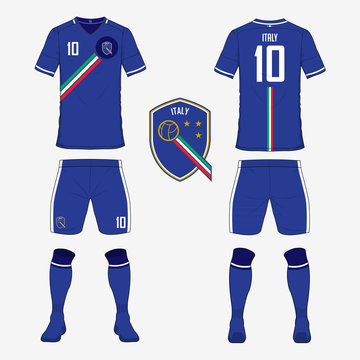 Set Of Soccer Jersey Or Football Kit Template For Italy National Football Team. Front And Back View Soccer Uniform. Sport Shirt Mock Up. Vector Illustration