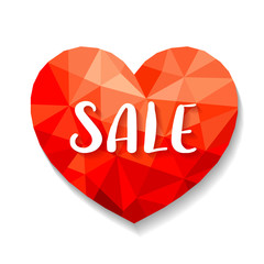 red Polygonal heart with sale.  Illustration isolated on white background. Valentine's day sale offer, banner template. Shop market poster design, illustration.