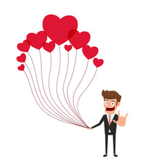 Fototapeta na wymiar Happy valentine's day concept of love. Businessman holding a lot of heart balloon with love hand sign. Falling in love. Cartoon Vector Illustration.