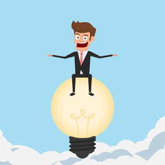 Big idea. Businessman flying with lightbulb idea looking for success, opportunities, future business trends. Concept of creative to sucess. Cartoon Vector Illustration.