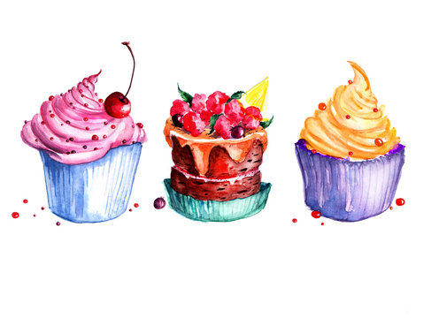 Set - watercolor cakes. Cream cakes, cakes with berries, cake with cherry. Illustration isolated on white background. It can be used as a postcard.