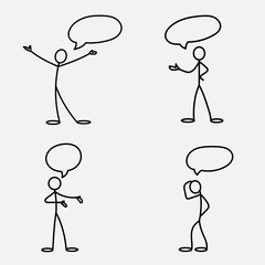 Cartoon icon of sketch stick figures in cute miniature scenes.