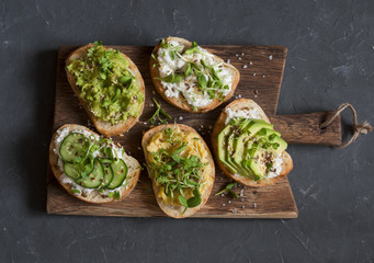 Healthy sandwiches with avocado, hummus, ricotta, cucumber, sunflower sprouts, micro greens and...