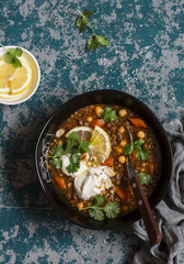 Moroccan lentil and chickpea soup. Vegetarian healthy food concept. Top view