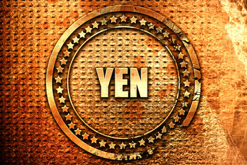 Yen, 3D rendering, text on metal