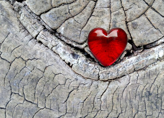 Red Glass Heart on Vintage Wood
