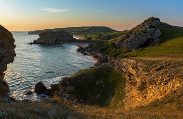 Fototapeta na wymiar Generals beach at dawn. Karalar regional landscape park in Crimea.
