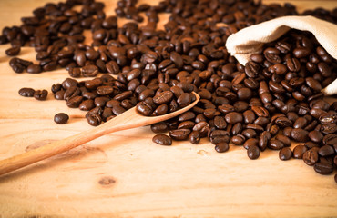the arabica and robusta coffee beans, Selective focus at spoon, copy space