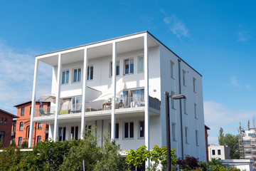 Modern townhouse with balconies seen in Berlin, Germany