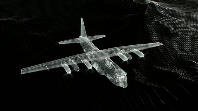 bomber flying in the sky. Wireframe 3d animation