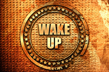 wake up, 3D rendering, text on metal