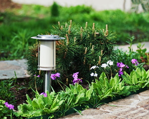 Solar-powered lamp on garden background. Selective focus.