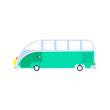 Colorful cartoon travel bus. Surfing retro buses in different colors. Set of recolored traveler coach camper flat style icons isolated on white. Family summer bus in classic colors, vector.