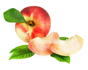 Fresh peach fruits with cut and green leaves isolated on white background. Closeup.