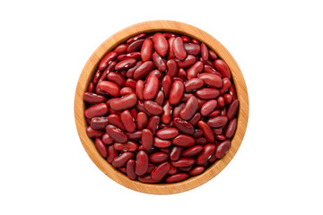 Top view red beans in wooden bowl isolated on white