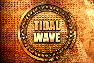 tidal wave, 3D rendering, text on metal