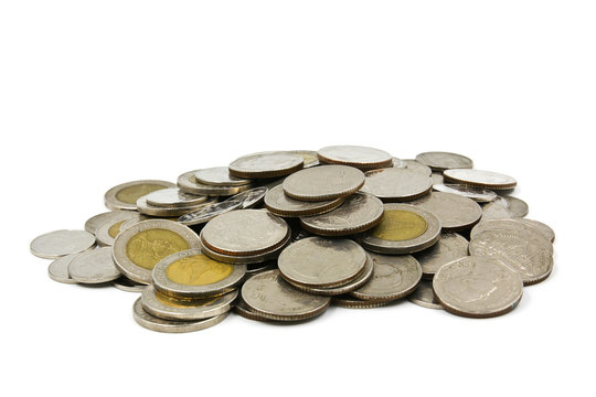 A pile of coins on white background