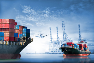 Logistics and transportation of International Container Cargo ship and cargo plane in the ocean at...