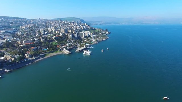 Tiberias, Israel - Aerial footage of the city coastline and the sea of Galilee