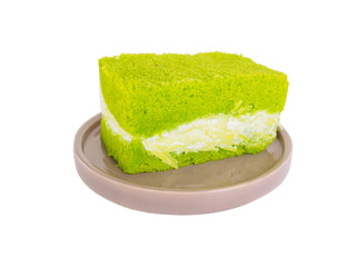 Green tea cake (chiffon green tea) on plate of isolated