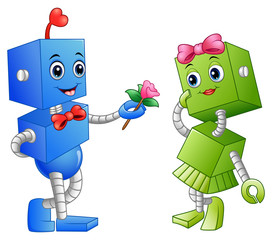 Robot boy giving a flower for robot girl 