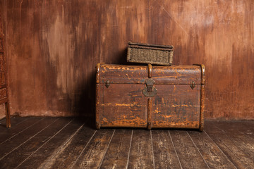 Vintage dower chest box Concept on Shabby Background old metal texture