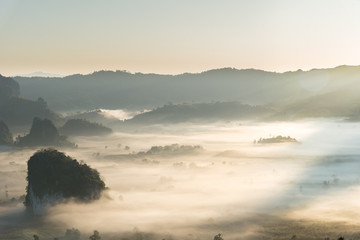 Obraz na płótnie Canvas Foggy mountain landscape under morning sky.Phu Langka, Thailand