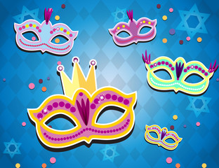 Carnival banner with flat sticker icons set. Vector illustration. Masquerade Concept.