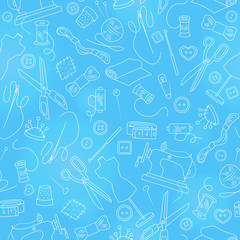 Seamless pattern on the theme of needlework and sewing , simple outline icons on a blue background