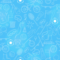 Seamless pattern on the theme of summer sports, simple icons bright outline on a blue  background