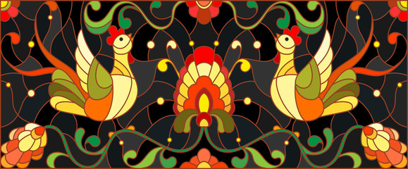 Illustration in stained glass style with a pair of roosters , flowers and patterns on a dark background , horizontal image,the imitation of painting Khokhloma
