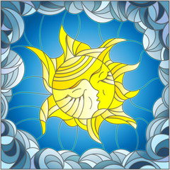 Illustration in stained glass style with fabulous sun with the face on the background of sky and clouds