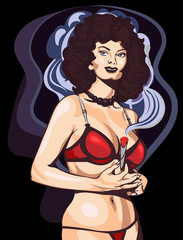 Beautiful woman bikini. Smoking joint. Vector image.
