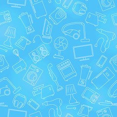 Seamless pattern topic of household appliances, a light outline on a blue background